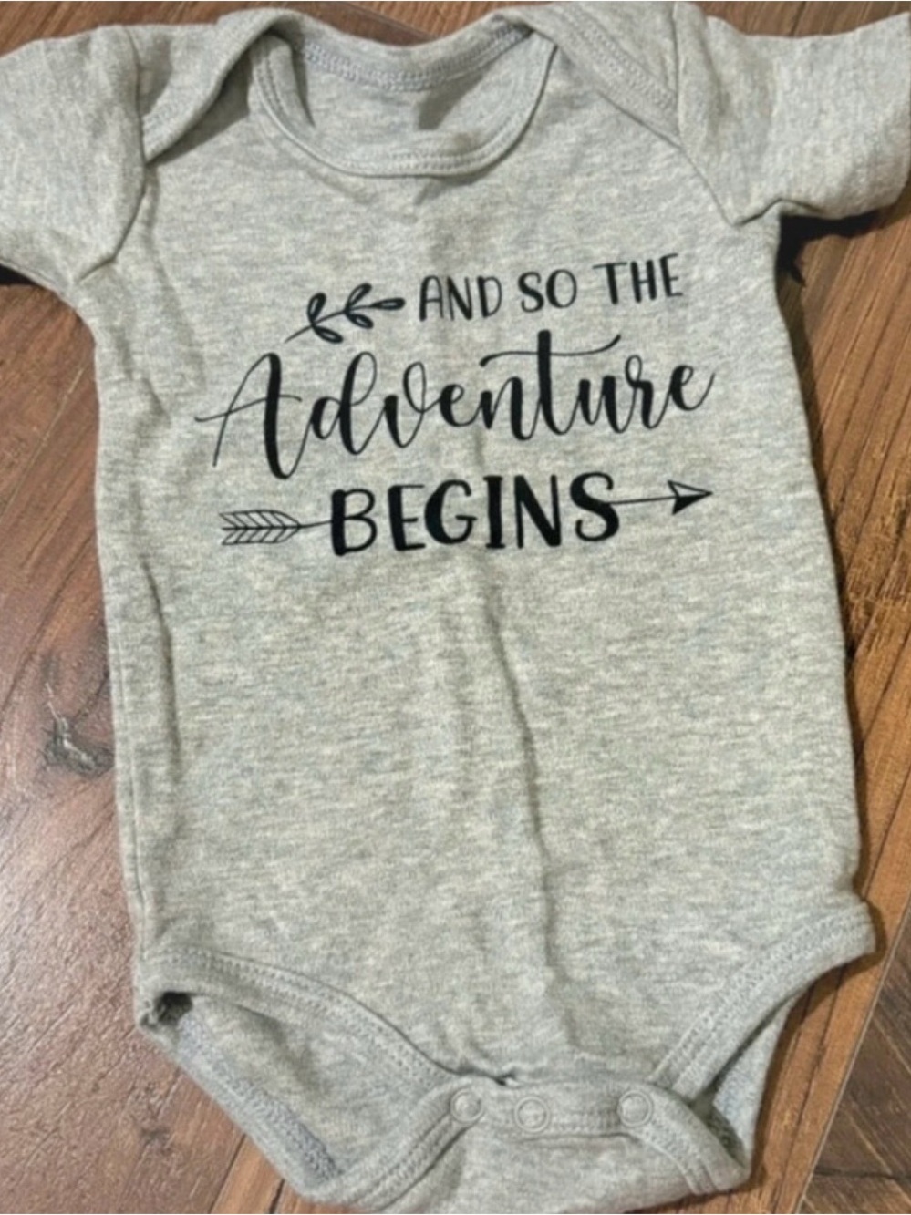 Gray 'And So The Adventure Begins' Baby One-Piece Bodysuit
